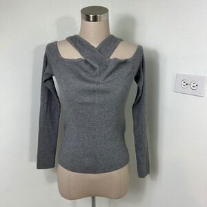 Abercrombie & Fitch Ribbed Knit Top Criss Cross Off Shoulder Long Sleeve Gray  M